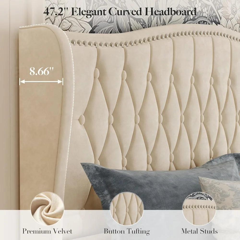 belffin king bed frame and headboard, luxury upholstered velvet platform bed with wingback, button tufted & nailhead trim, anti-