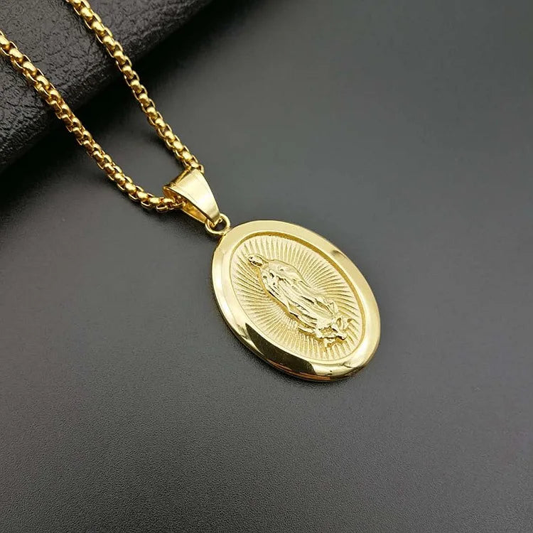 Virgin Mary Prayer Pendant Necklaces Gold color 316L Stainless Steel with rhinestone Women/Men Jewelry