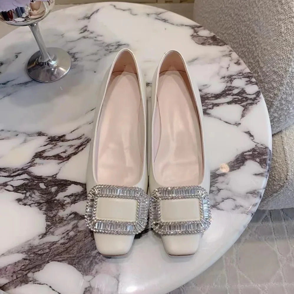 Classic Silk Square-Toe Shallow Woman Flats Square-Button Decora  Mouth Single Shoes Willow Fashion Females Banquet Flats