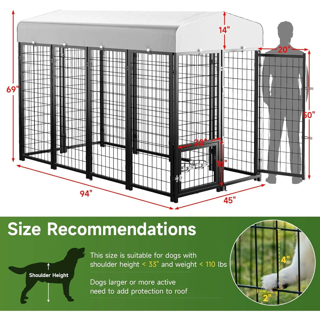 Outdoor Dog Kennel Outside Run with Doggy Door, Bowls&Roof - 8x4x6 Large Dog Kennels Pens Outside