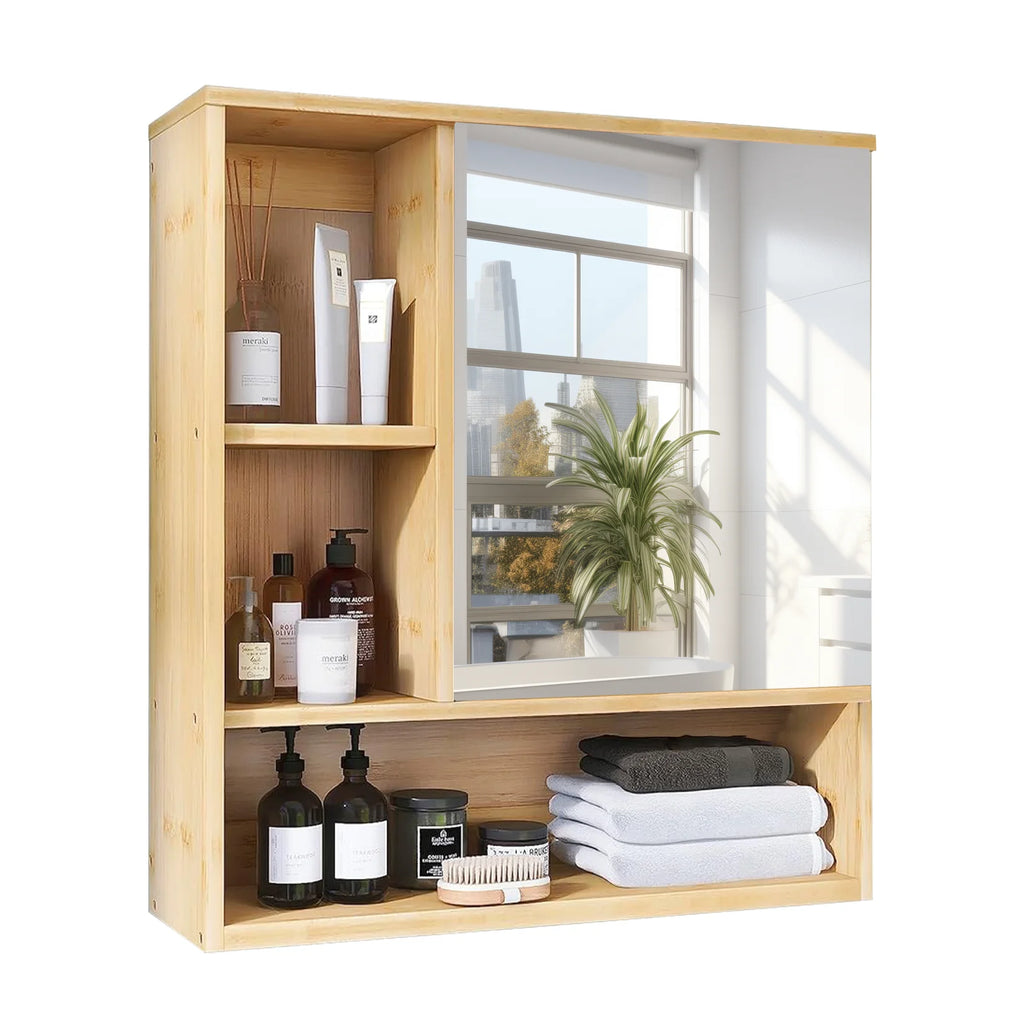 Medicine Cabinet with Mirror: Natural Bamboo Bathroom Vanity Mirror Cabinet Wall Mounted Cupboard with Storage Shelves for Bedro