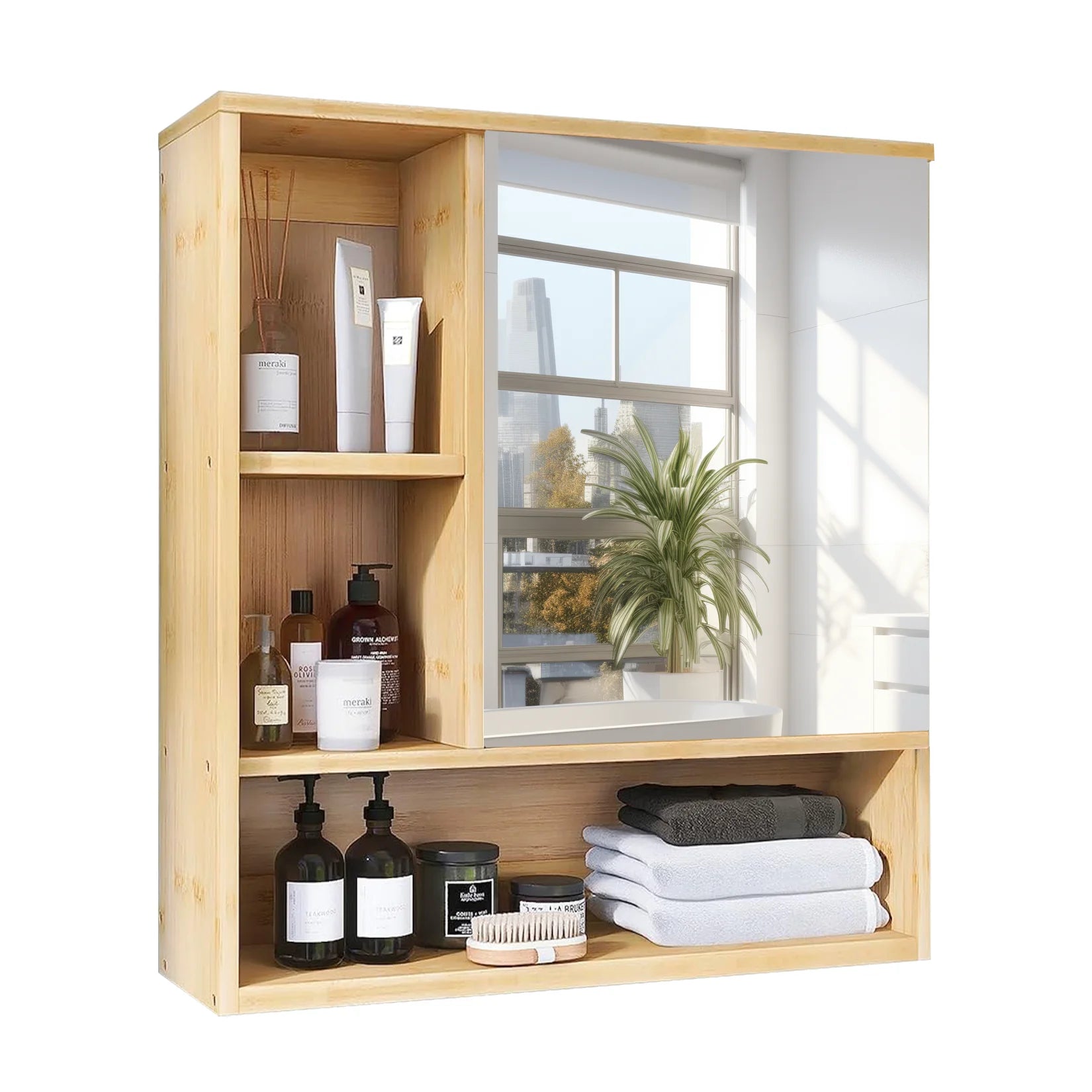 Medicine Cabinet with Mirror: Natural Bamboo Bathroom Vanity Mirror Cabinet Wall Mounted Cupboard with Storage Shelves for Bedro