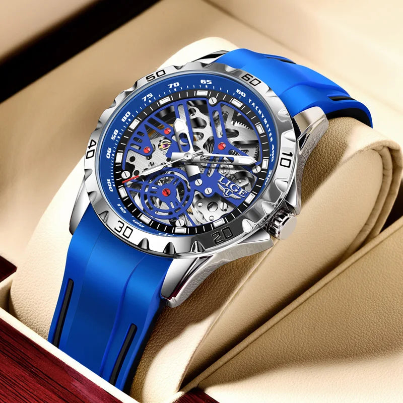 2025 New LIGE Top Brand Luxury Hollow Waterproof Tourbillon Mechanical Automatic Watch Men Silicone Skeleton Mens Watches + Box