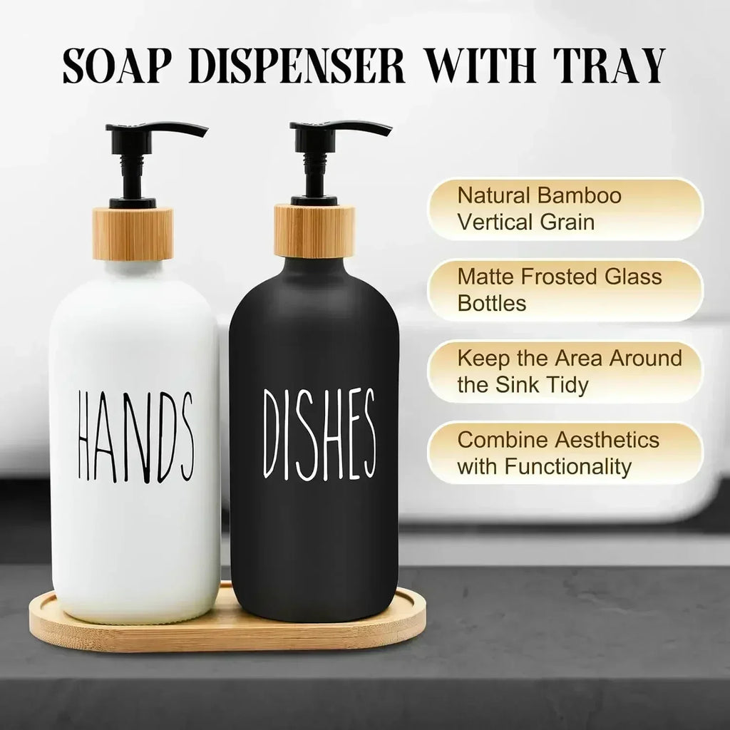 Dish Soap Dispenser Set with Bamboo Tray Kitchen Soap Dispenser Set Glass Matte Hand and Dish Soap Dispenser Set