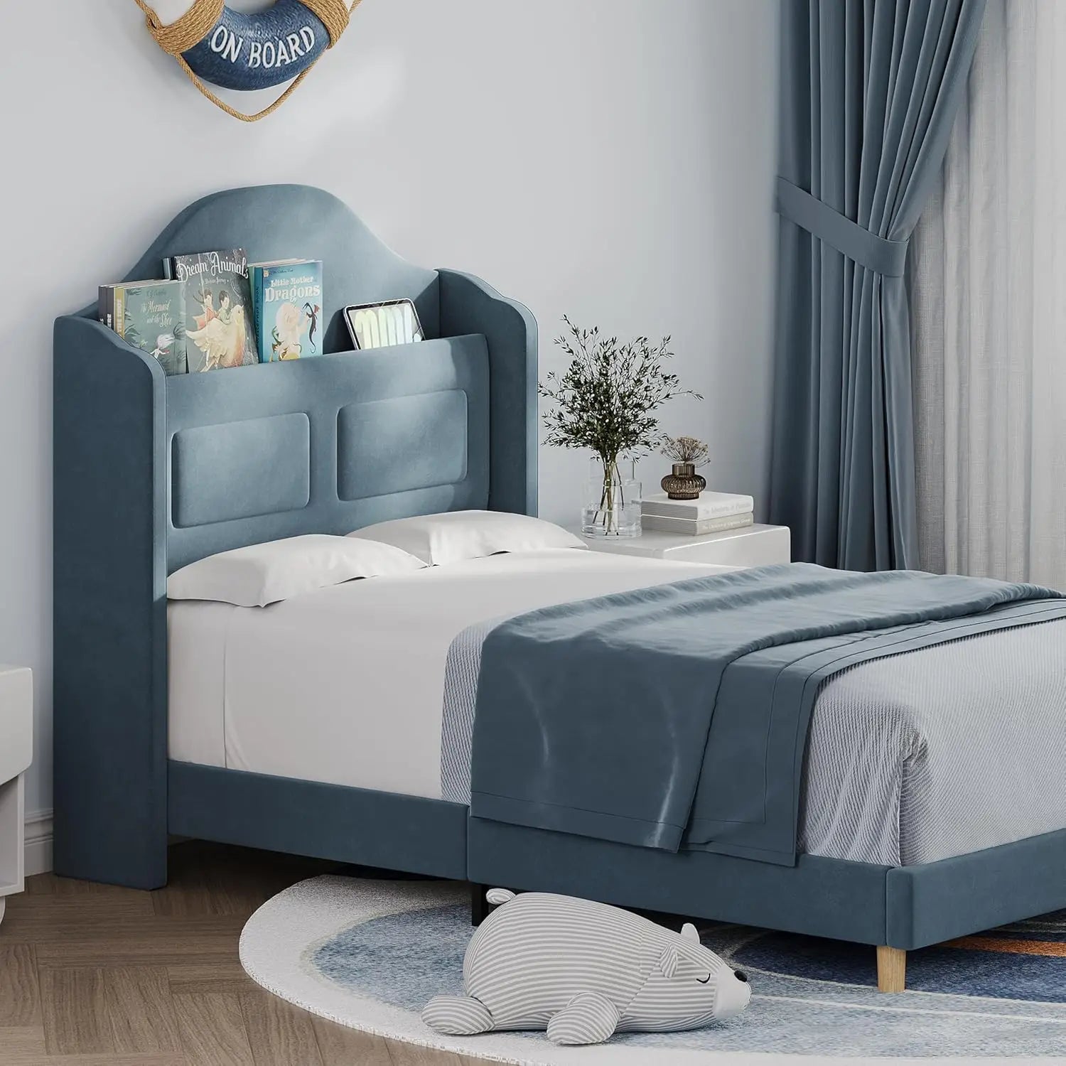 Upholstered Twin Bed Frame with LED Lights, Velvet Platform Bed Frame with Wing Back Storage Headboard, Wood Slats Support, No B