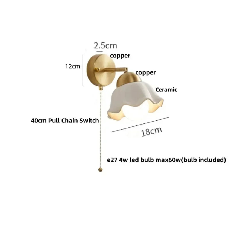 2025Pull Chain Switch LED Wall Light Fixture Reading Dining Room Porch Nordic Copper Simple Art Bedside Lamp Lamparas De Pared