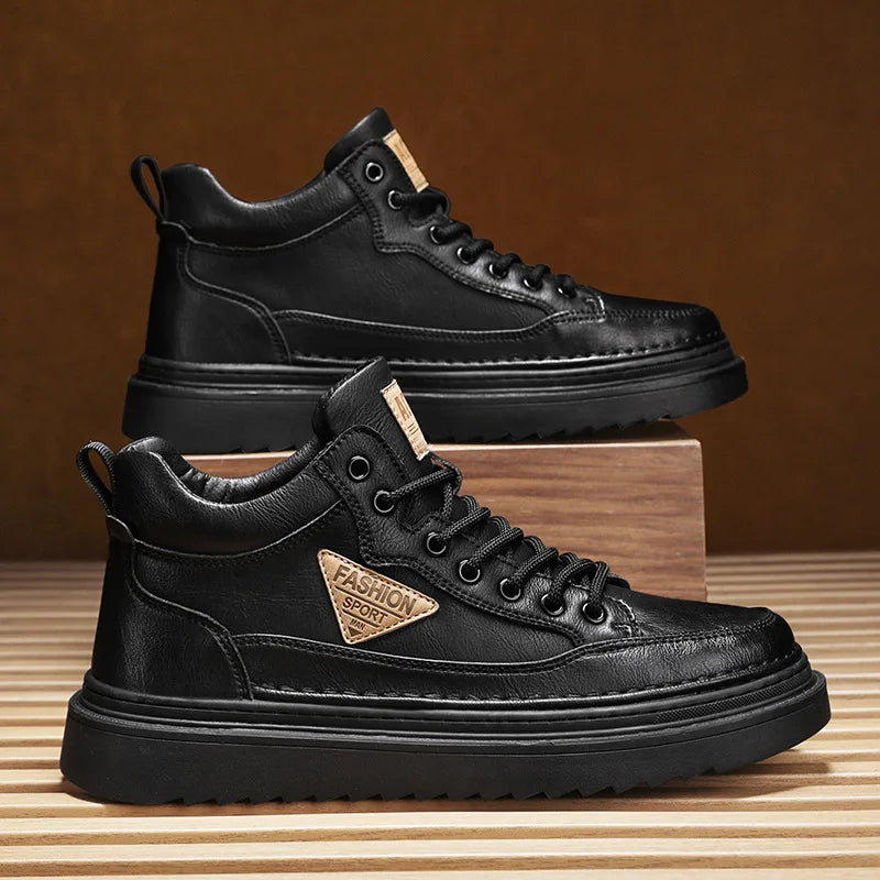 Men's shoes spring and autumn new casual board shoes leather boots solid color British leather shoes anti slip soft sole