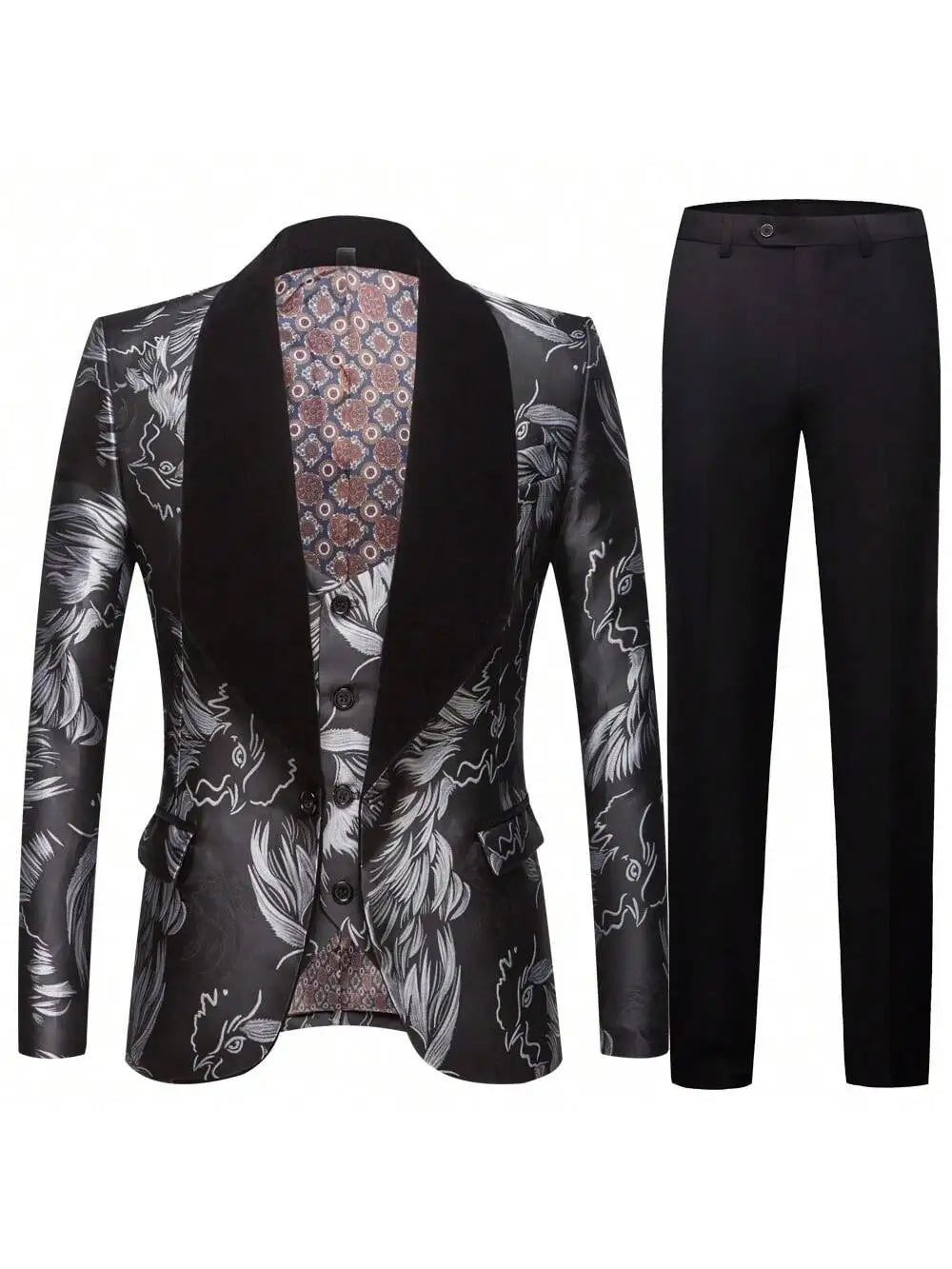 Mens 3 Piece Floral Tuxedo, Jacquard Slim Suit Set, Paisley Blazer Vest and Pants for Prom Wedding