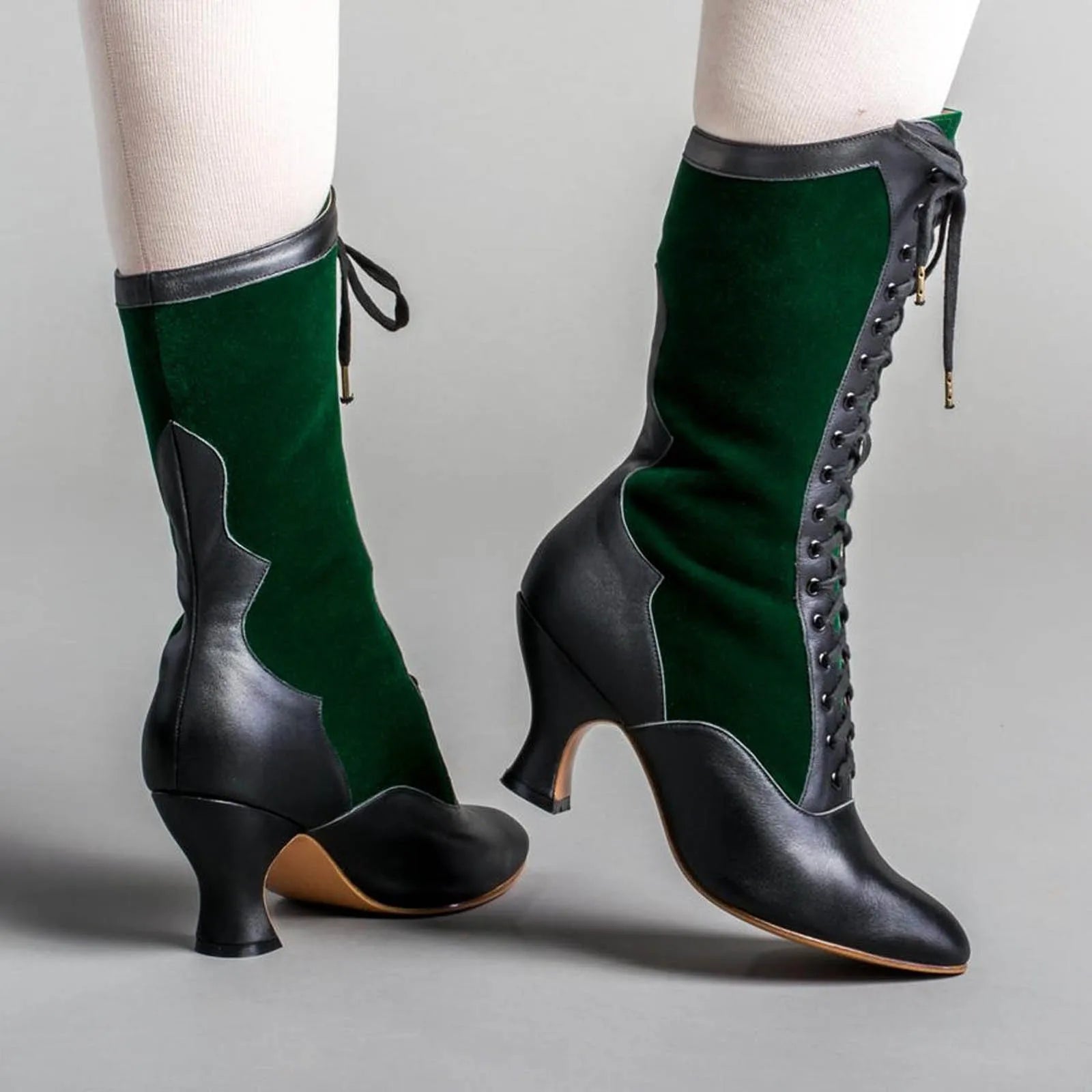 Vintage Block Heel Green Lace Up Boots For Womens Wide Calf Riding Boots Women'S Fashion Boots With Cute Cat Motif Bandage Shoes