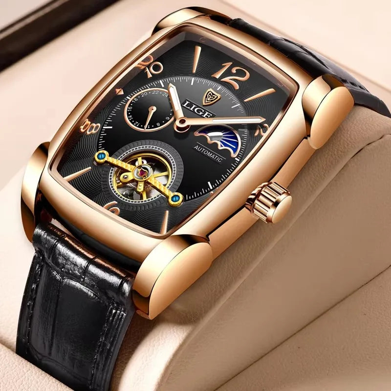 LIGE Top Brand Luxury Mens Watches Square Automatic Watch for Men Tourbillon Clock Genuine Leather Waterproof Mechanical Watch