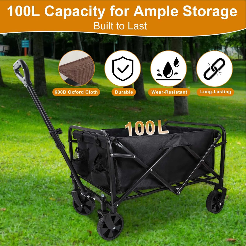 Foldable 4-wheeled cart, large capacity garden cart with wheels, heavy-duty multi-purpose grocery cart for shopping and camping