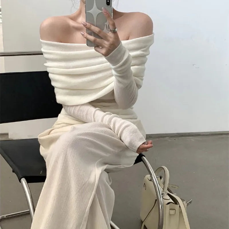 Autumn Long Sleeve Off-shoulder Women Sexy Sweater Elegant Solid Color Slim Fit Knitted Top Fashion Pullover Knitwear
