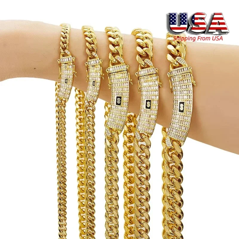 6-14mm Gold Color Stainless Steel Cuban Miami Chains Necklaces CZ Zircon Box Lock Link Chain for Unisex Hip Hop Rapper Jewelry