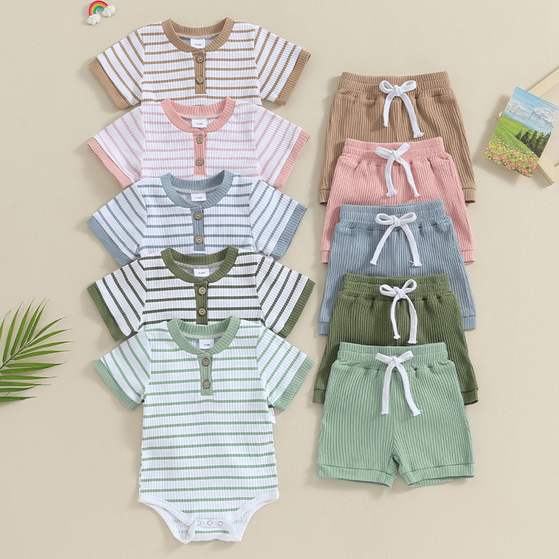 Baby 2 Piece Outfits Summer Striped Short Sleeve Romper and Elastic Shorts Set for Toddler Newborn Girl Boy