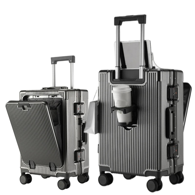 Aluminum Alloy Frame Suitcase Front Opening Pocket with USB Charging Plug Rolling Luggage Trolley Case Bag with Spinner Wheel