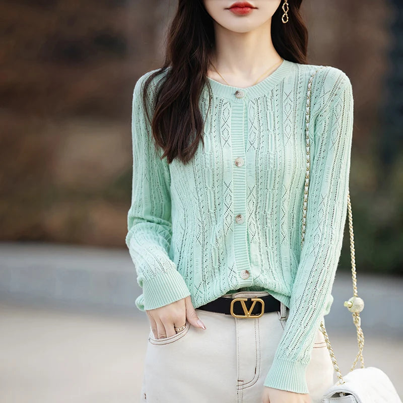 Women's Sweater Spring/Summer New 100% Cotton Coat Female O-Neck Knitted Cardigan Fashion Slim Top Clothing Long Sleeved Solid