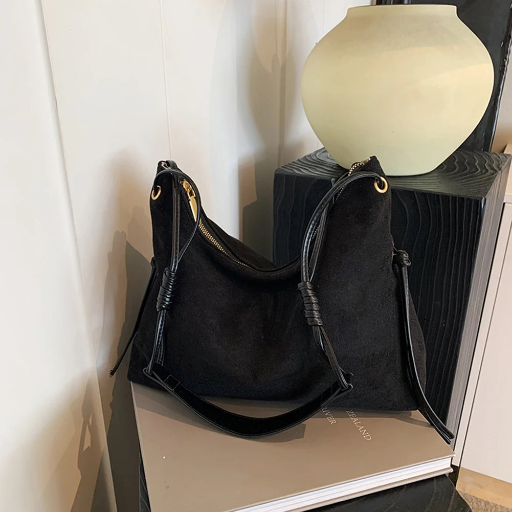 Women Suede Shoulder Bag Adjustable Strap Messenger Bag with Zipper Trendy Retro Handbag for Work Travel