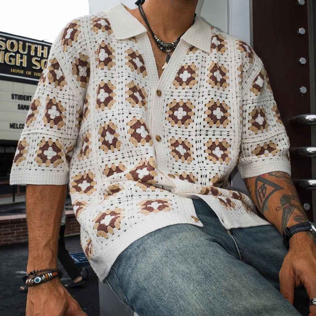 Men's Short Sleeve Summer Fashion Mesh Cardigan Lapel Top Printing Soft Breathable Light Polo Knitwear Men US Size