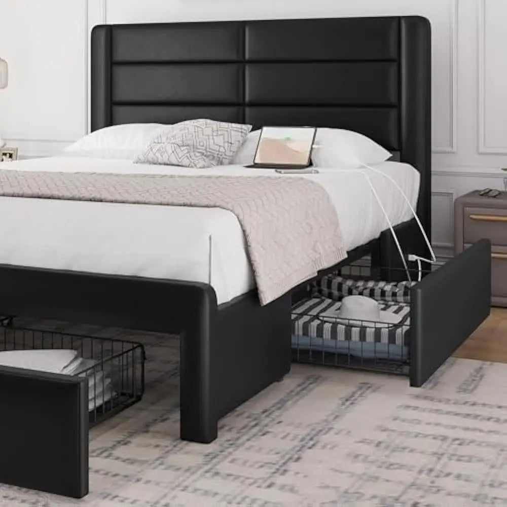 Queen Size Bed Frame with 2 USB Charging Station/Port for Type A&Type C/3 Storage Drawers with Headboard/No Box Spring Needed