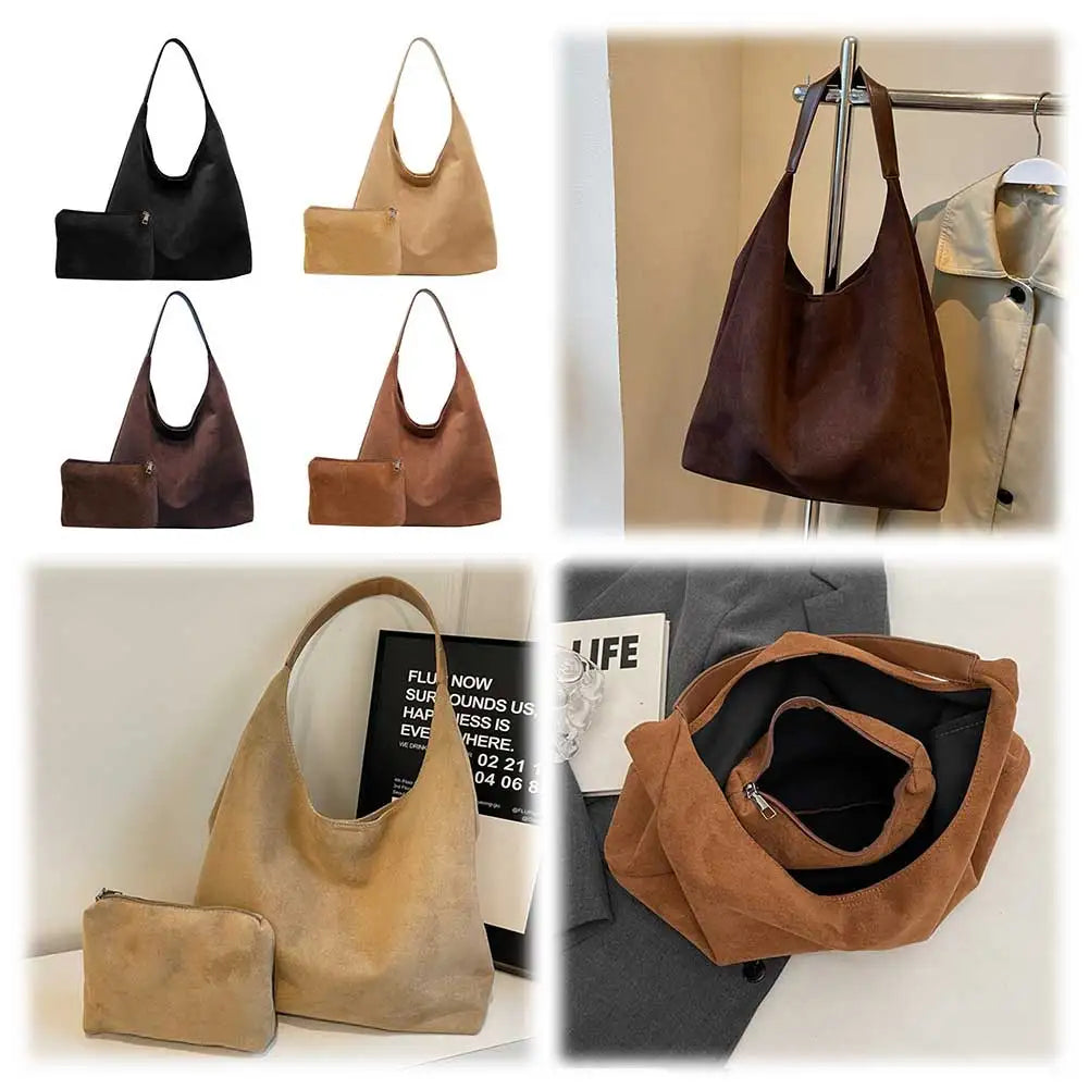 Women Suede Shoulder Bag Trendy Bucket Bag with Pocket Retro Handbag Hobo Bag for Work Travel Shopping
