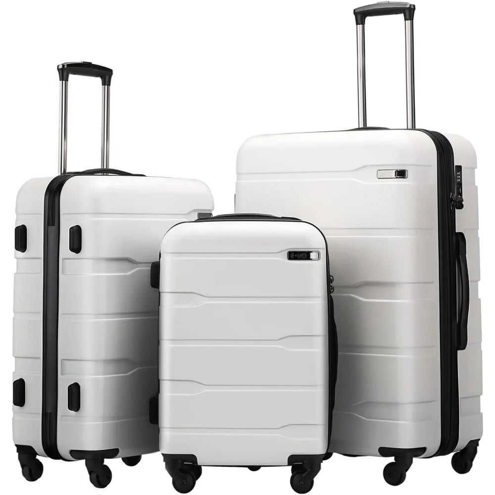 Coolife Luggage Expandable 3 Piece Sets PC+ABS Spinner Suitcase 20 inch 24 inch 28 inch (white, 3 piece set)