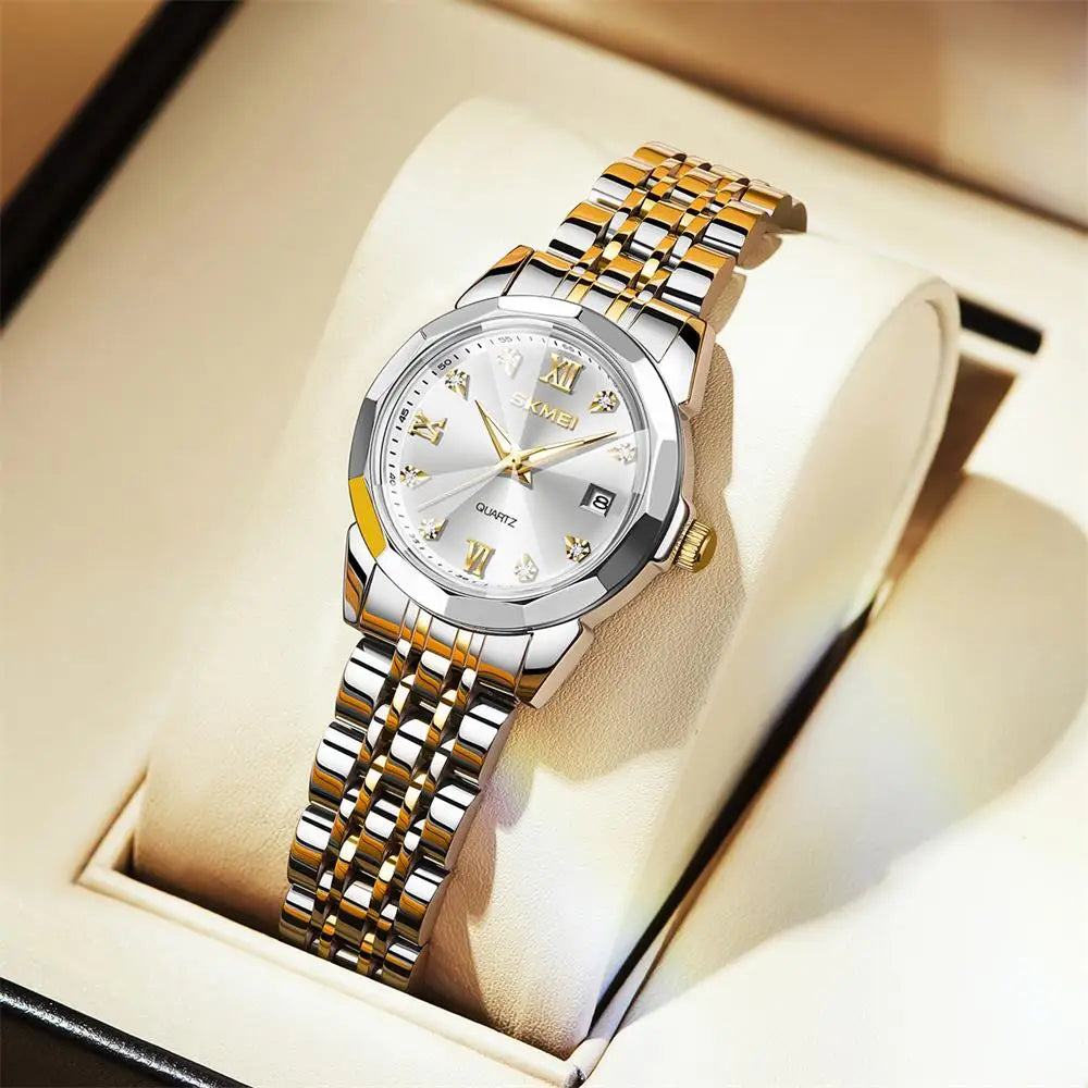 SKMEI Luxury  Quartz Wristwatch For  Women Stainless Steel Waterproof All-Steel Wristwatch Ladies Casual Week Date Waterproof