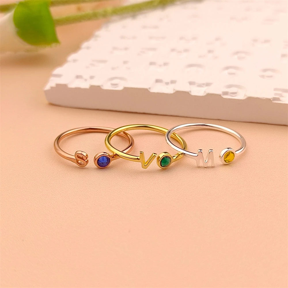 Custom Initial Birthstone Ring Personalized Skinny Letter Rings for Women Gemstone Jewelry Bridesmaid Gift Zircon Name Anillos