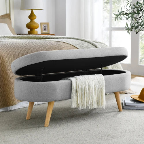 43.8" Boucle Storage Ottoman Bench, 300 Lb Capacity, Upholstered, Safety Hinge, Flip-Top Oval Foot Rest With Wood Legs