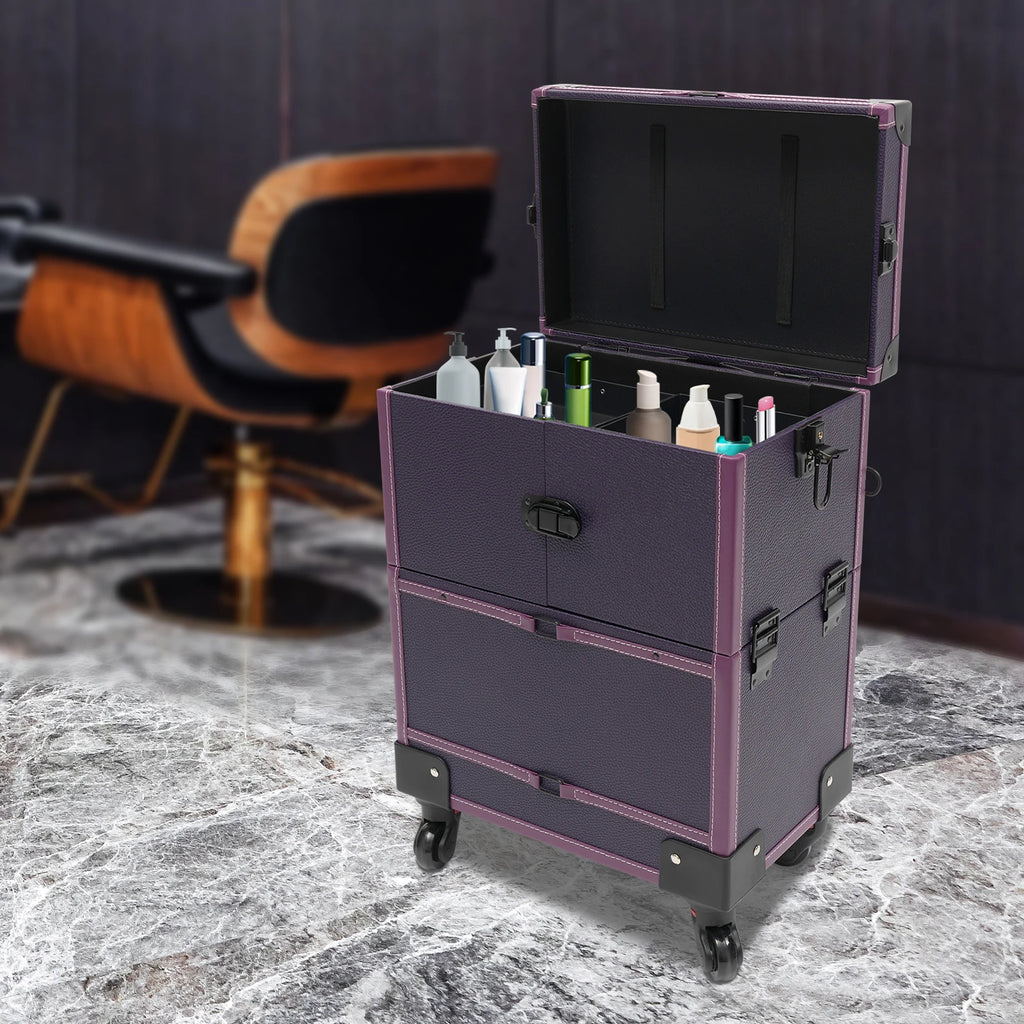 Stylish Purple Rolling Makeup Train Case - Professional Artist Trolley Organizer