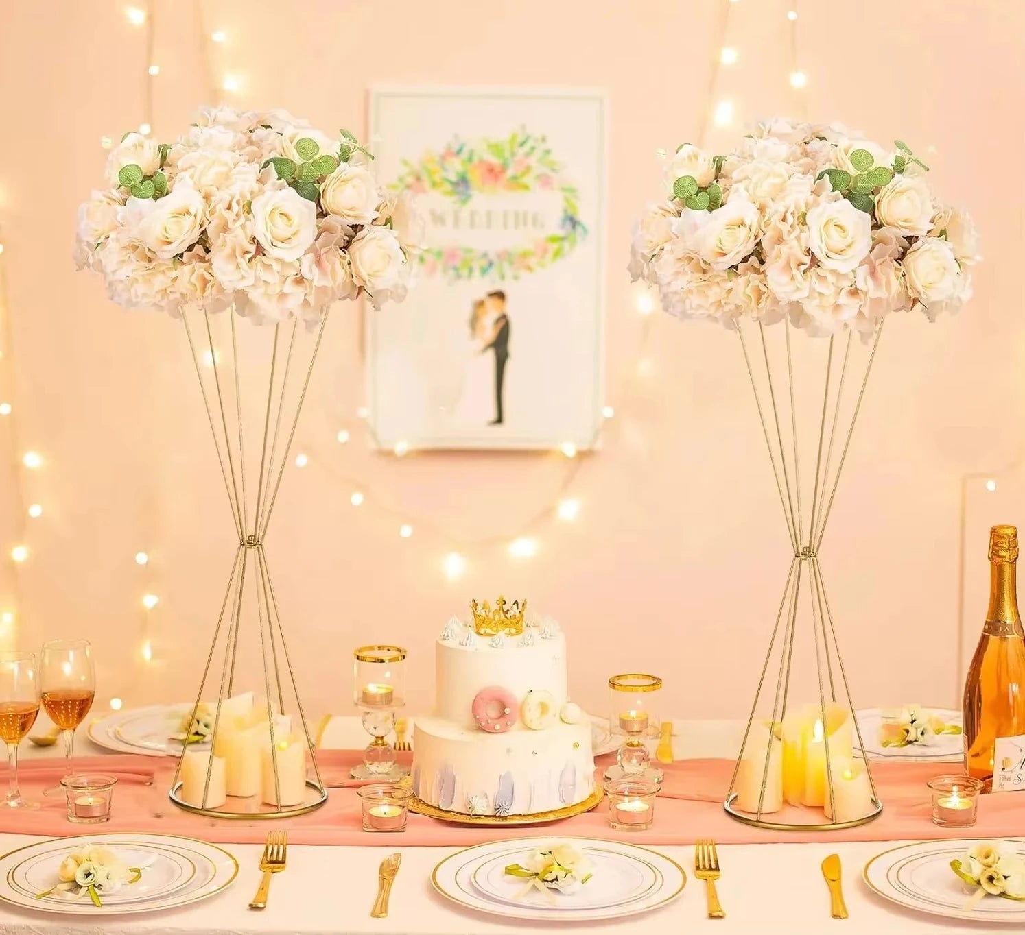 Metallic Gold Flower Stand，Rustproof Centerpiece for Wedding Table, Christmas Party Decor with Metal Base, Floral Vase Holder