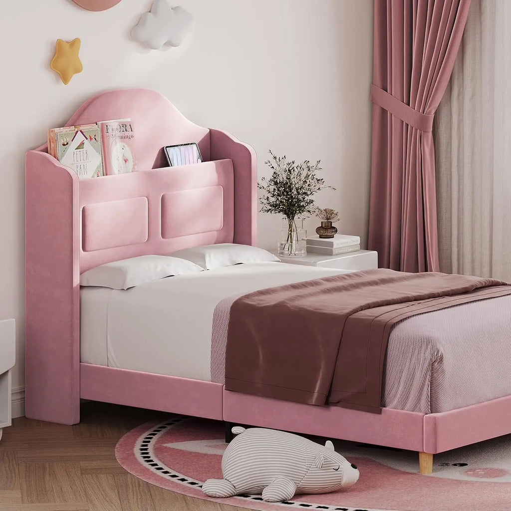 Upholstered Twin Bed Frame with LED Lights, Velvet Platform Bed Frame with Wing Back Storage Headboard, Wood Slats Support, No B