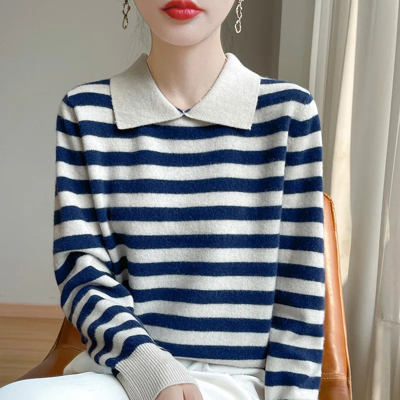 Autumn Winter Woman 100% Merino Wool Sweater POLO Collar Pullover Colorful Stripes Knitwear Bottoming Clothing Long Sleeve Tops