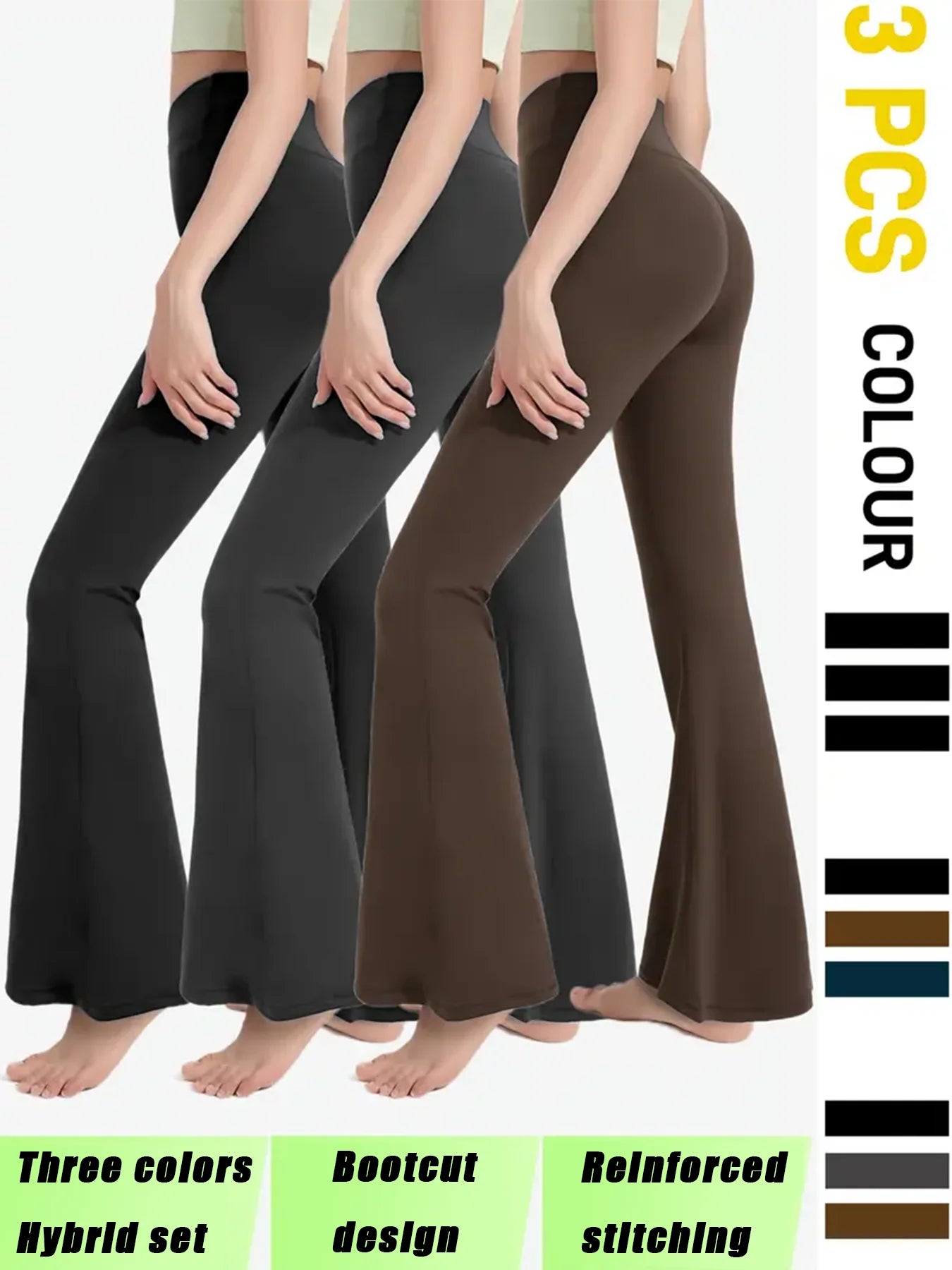 【3 Pack Bootcut Yoga Pants】High Waist Flare Leggings for Women, Black+Gray+Brown Stretch Trousers, Reinforced Stitching Bootleg