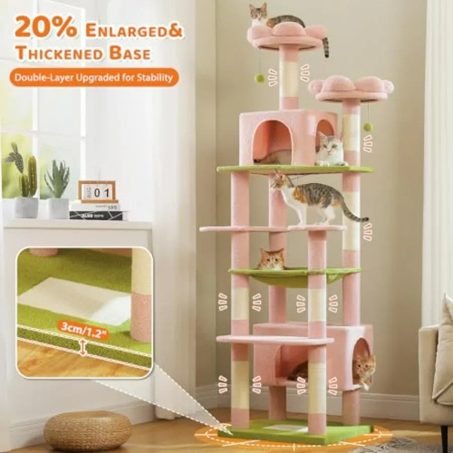Flower Cat Tree for Large Cats 81 Inches Pink Tall Cat Tower with 2 Perches 2 Condos and Spacious Hammock XL Extra Large Condo