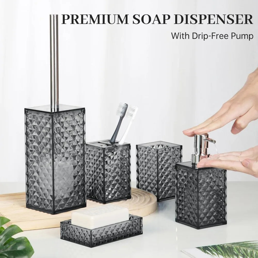 bathroom accessory set, grid pattern 5 pcs plastic bathroom set include toilet bursh, soap dispenser, soap dish, toothbrush hold
