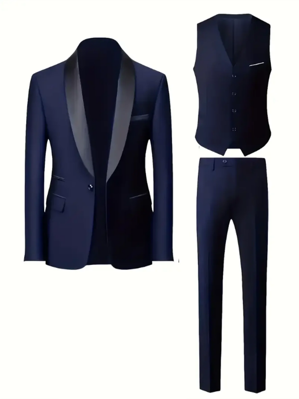 3pcs Men's Party Suit with Lapel Collar, Polyester And Viscose Blend, Skinny Fit, Solid Color, Long Sleeve, Button Front, Pants,