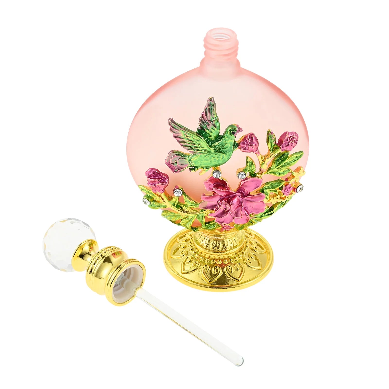 Decor Vintage Bottle Empty Glass Flat Vase Flower Bird Relief Golden Base Crystal Cap Perfume Essential 5" Ornament Beauty Gifts