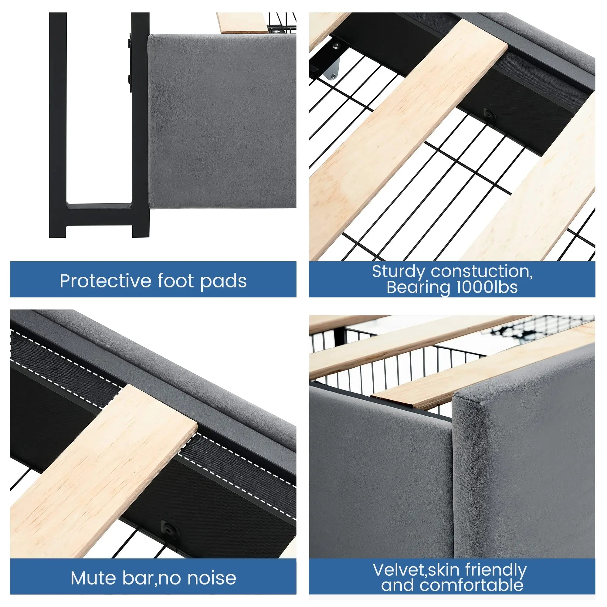 Upholstered Bed Frame with 4 Storage Drawers and Charging Station with Storage Headboard No Box Spring Needed Noise-Free