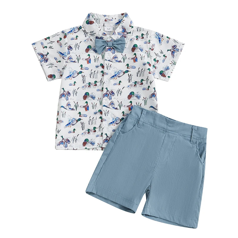 Baby Boy Casual Outfits Dinosaur Print Short Sleeve Collared Shirt with Denim Shorts 2Pcs Set for Summer Wear