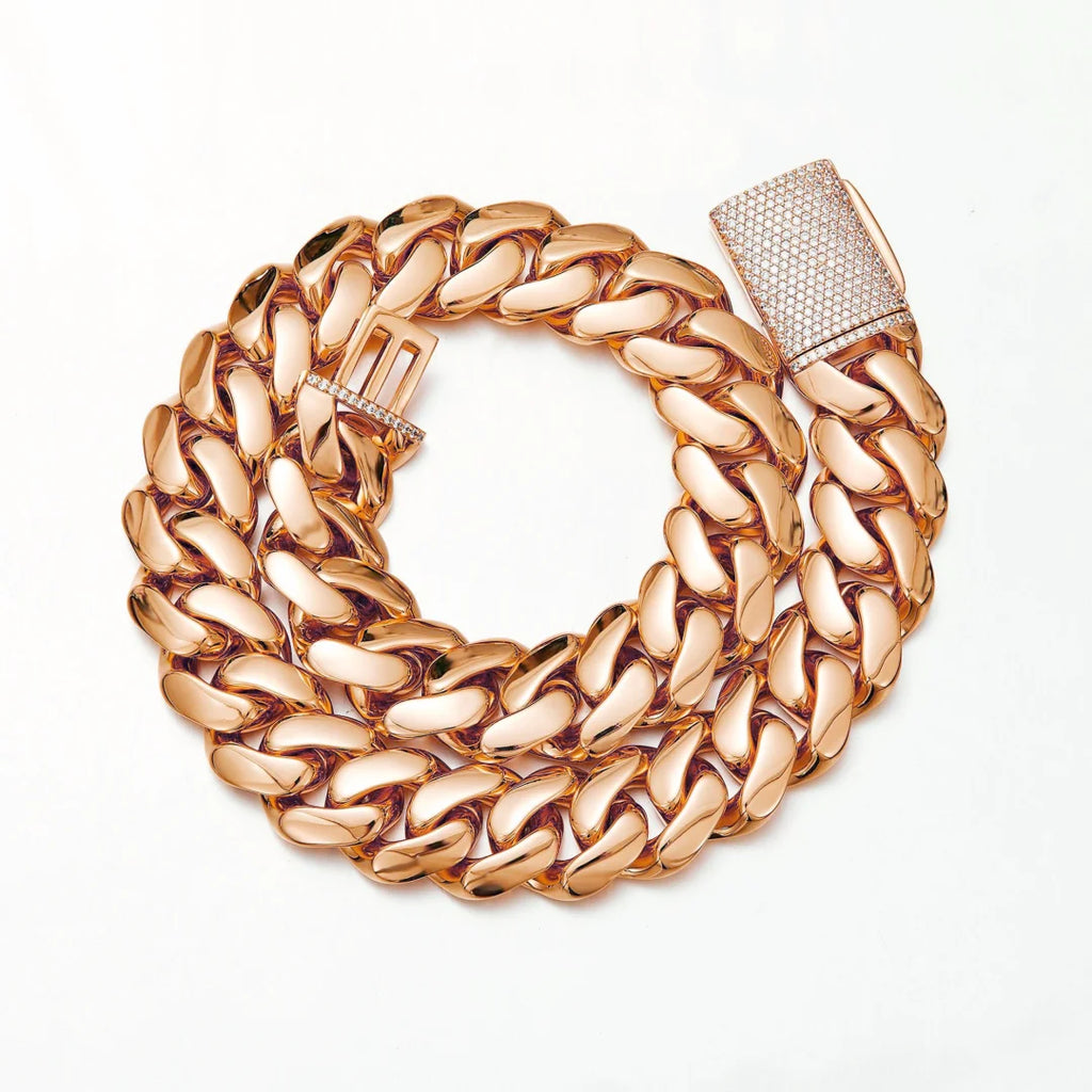 8-22mm Rose Gold  316L Stainless Steel  Cuban Miami Link Chain Iced Out CZ Box Clasp Necklace Fashion Hip Hop Unisex Jewelry