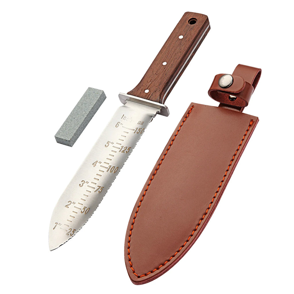 FEITA Hori Hori Garden Knife with Leather Sheath and Sharpening Stone, Garden Soil Knife Tools Gifts for Weeding, Digging