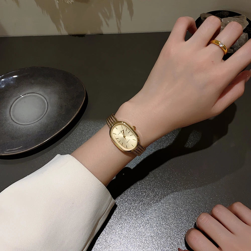 Gold Watches for Women Vintage Bracelet Wrist Watch Luxury Small Ladies Oval Quartz Watch