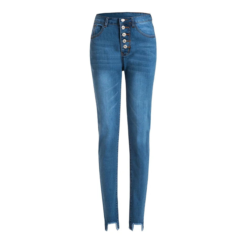 New Girls Stretchy Simming Button Jeans Lady High Waist Vintage Blue Pencil Pants Narrow Straight Leg Casual Streetwear Trousers