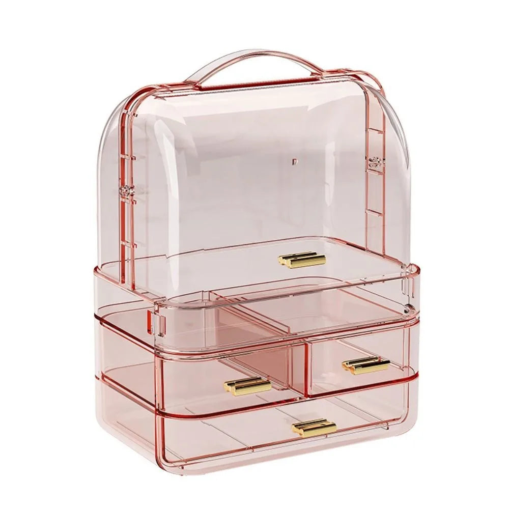 Drawer Style Cosmetics Storage Box with Lid and Handle Clear Skincare Display Cases Dustproof Multilayer Makeup Storage Rack