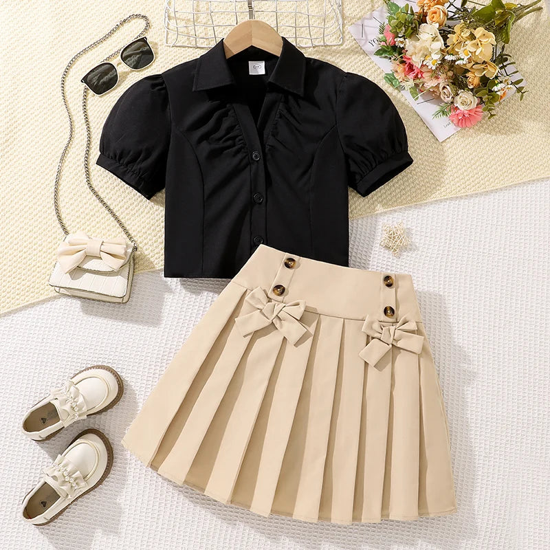 Kids Clothing Sets For Girls 8-12 Years Adorable V-neck Puff-sleeve T-shirt & Bow-knot Pleated Skirt 2 Pieces Set Summer Outfit