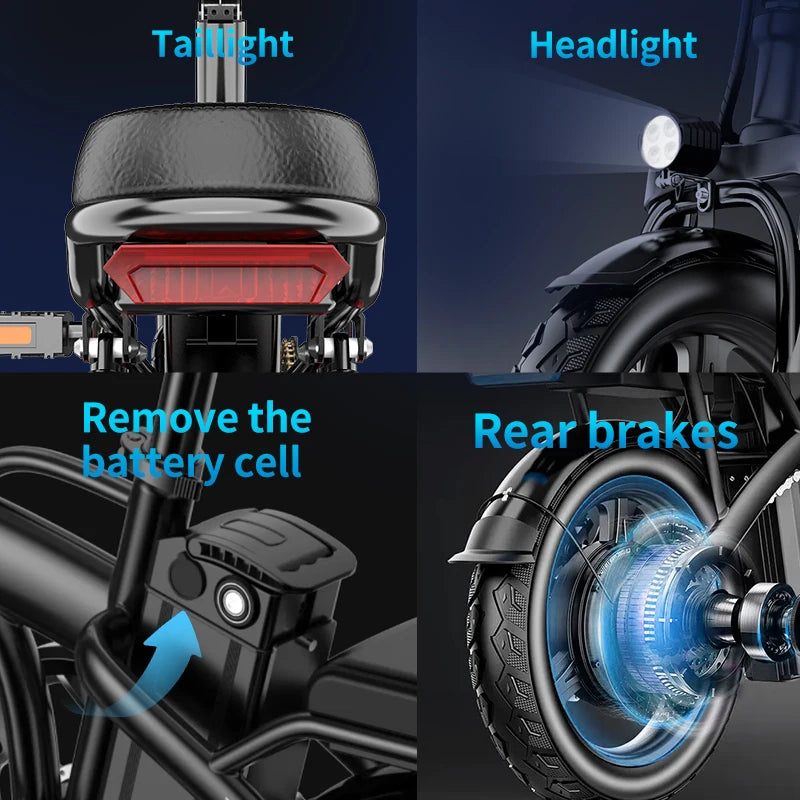 Foldable Electric Bike 400W Motor 48V 10/15/20Ah Removable Battery 45 Miles Range City Commute Ebike 14" Cruiser Bicycle