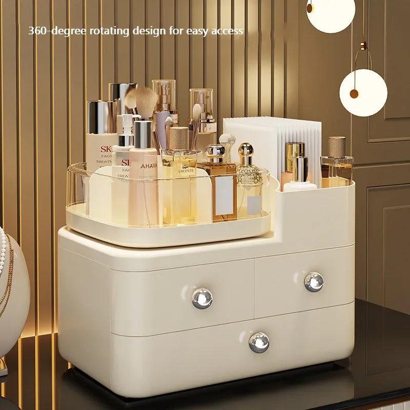 Desktop Cosmetics Storage Box Drawer Style Compartmentalized Organizer Dustproof Cosmetic Storage Box with 360°Rotating Organize