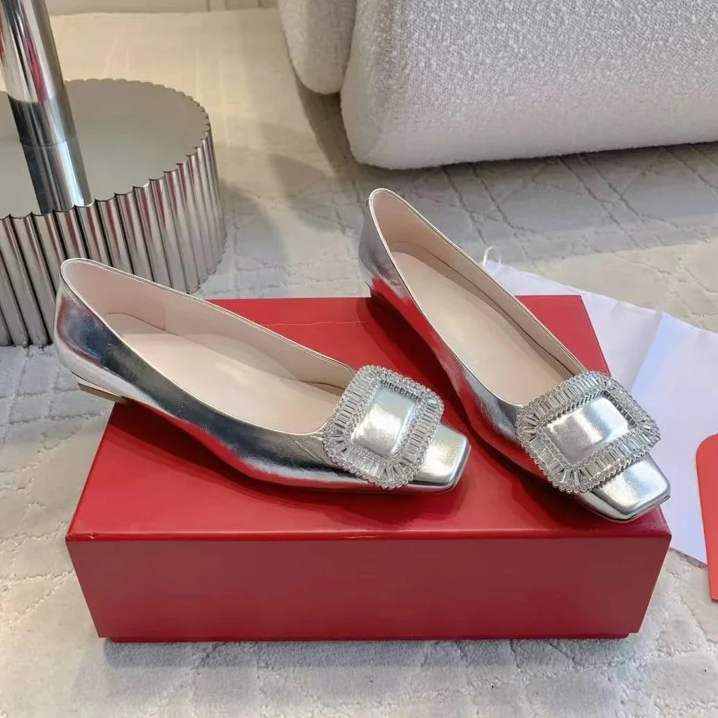 Classic Silk Square-Toe Shallow Woman Flats Square-Button Decora  Mouth Single Shoes Willow Fashion Females Banquet Flats