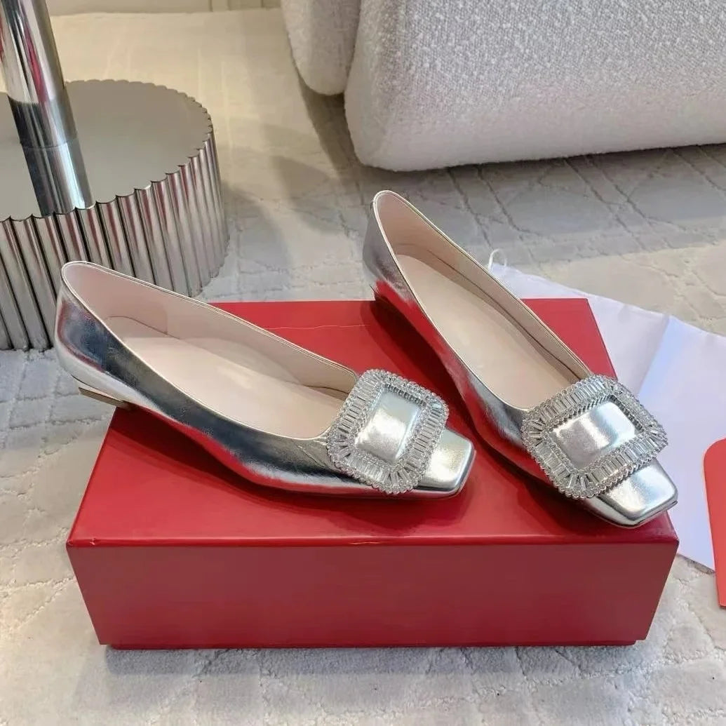 Classic Silk Square-Toe Shallow Woman Flats Square-Button Decora  Mouth Single Shoes Willow Fashion Females Banquet Flats