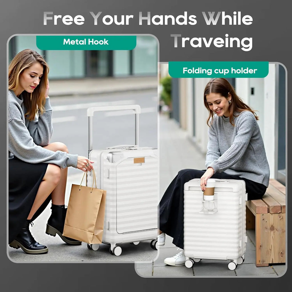 Joyway 20 inch Front Opening Carry on Luggage Suitcase 1 Piece, Cup Holder, TSA Lock, Mute Spinner Wheels, Lightweight Durable